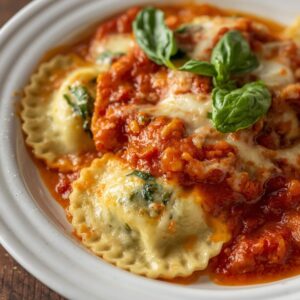 Massa Ravioli com Espinafres, Molho de Tomate e Queijo