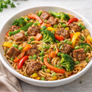 “Carne” Vegetal com Vegetais e Noodles