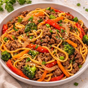 Carne Picada com Vegetais e Noodles