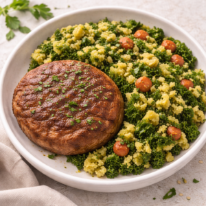 Hamburguer de carne com migas de couve