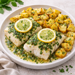 Pescada ao Molho de Hortelã e Limão com Batata Assada