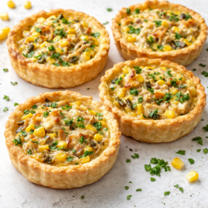 Mini Quiches de Frango, Milho e Alho Francês Caramelizado