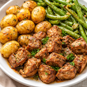 Rojões de Porco com Batatinha assada e Feijão Verde Salteado