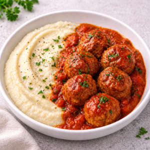 Almôndegas ao molho de tomate com puré de couve-flor