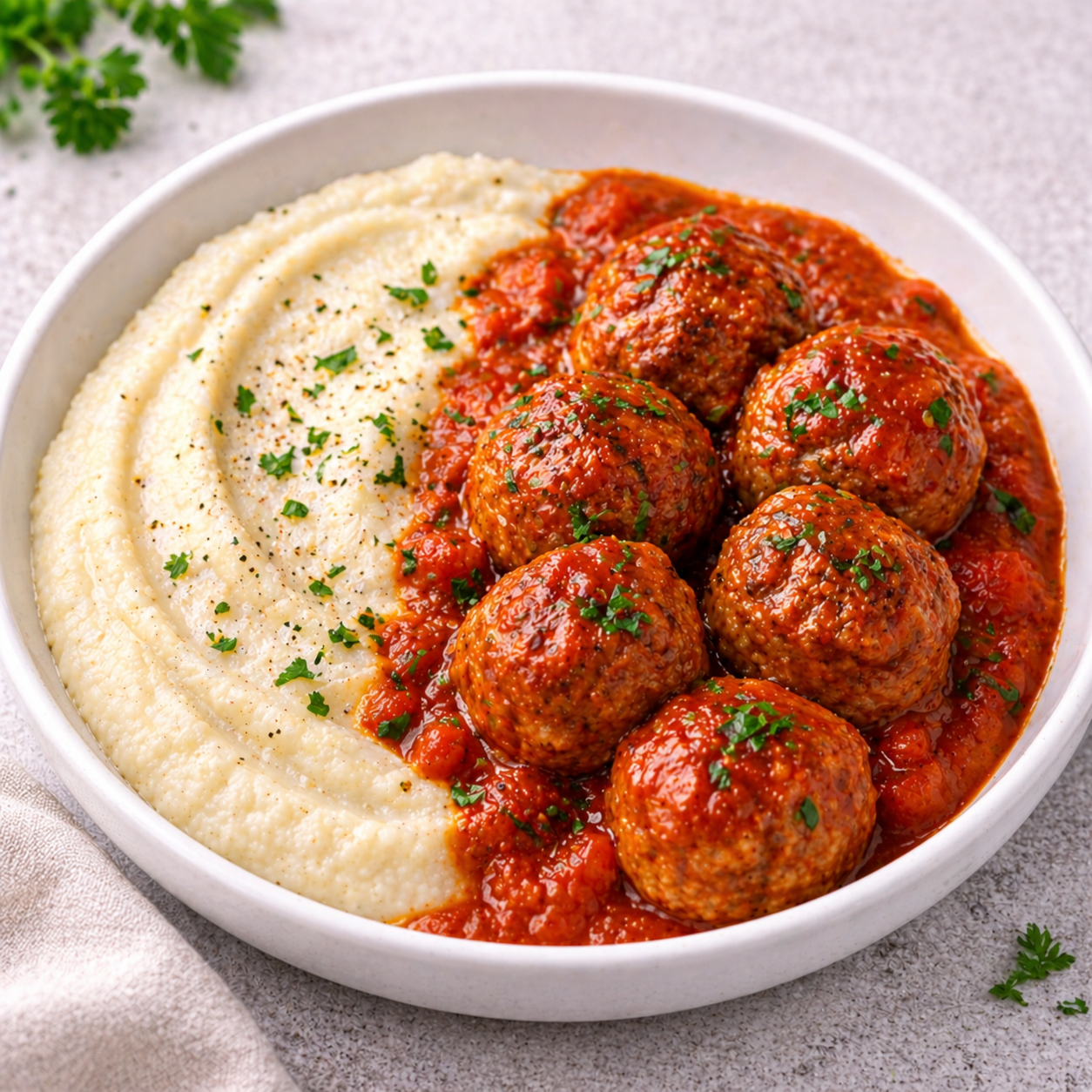 Almôndegas ao molho de tomate com puré de couve-flor