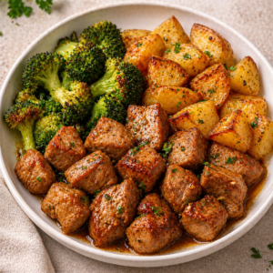 Rojões de porco com batata assada e brócolos