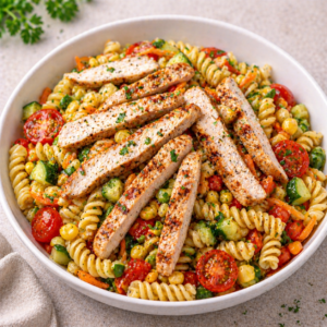Salada de massa e legumes com tiras de peru grelhado