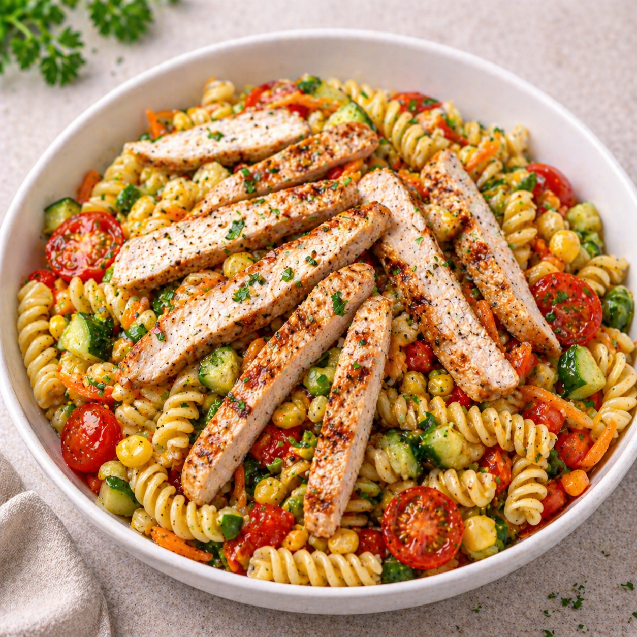 Salada de massa e legumes com tiras de peru grelhado