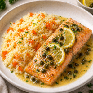Salmão no forno com molho de limão e alcaparras com arroz de cenoura