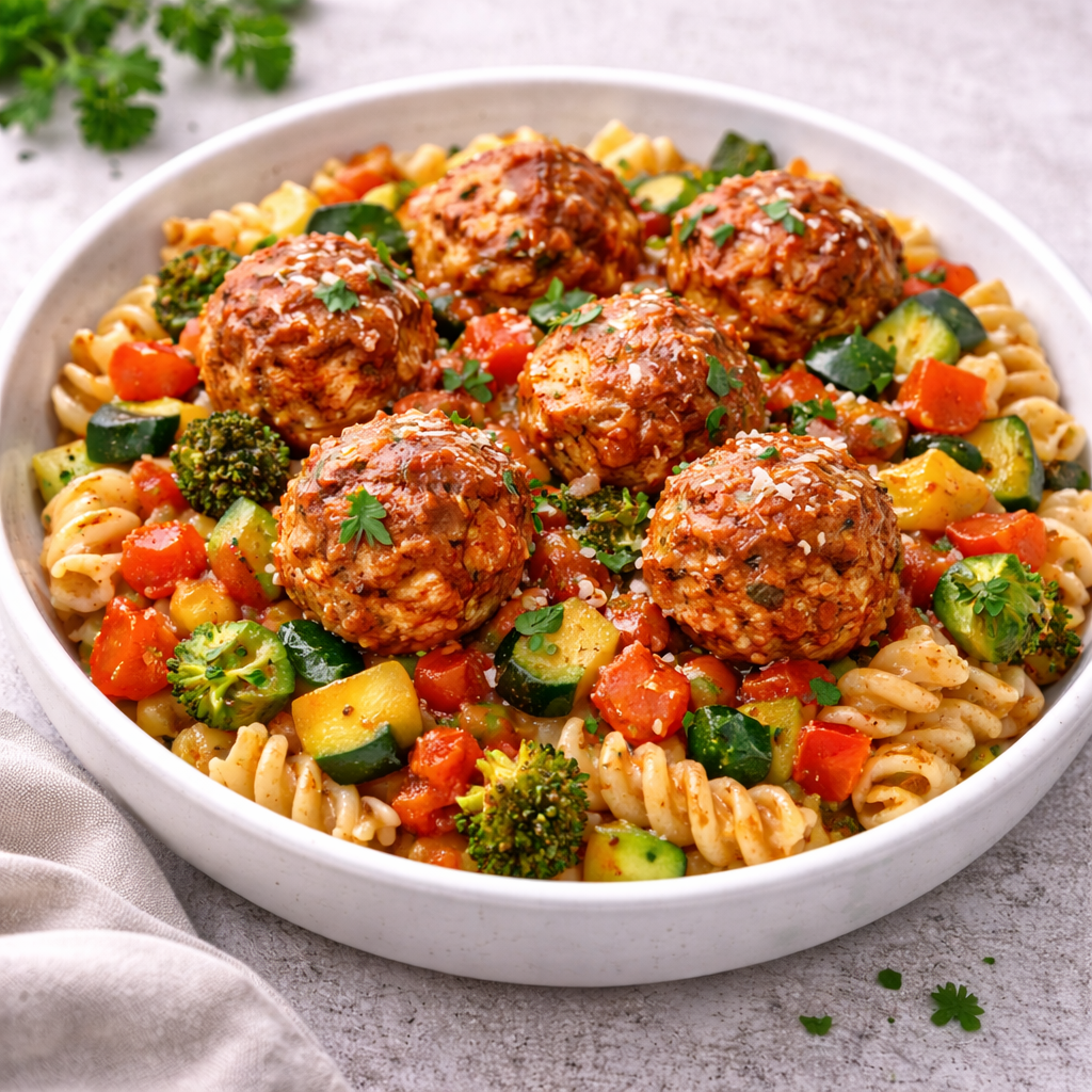 Almôndegas de Peru com Molho de Tomate e Massa com Legumes