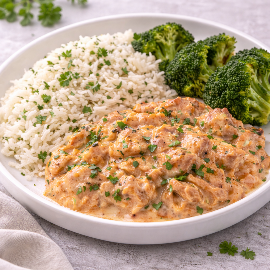 Strogonoff de Lascas de Salmão com Arroz Basmati e Brócolos no Forno