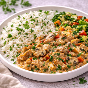 Strogonoff de Seitan, Cogumelos e Legumes com Arroz de Coentros