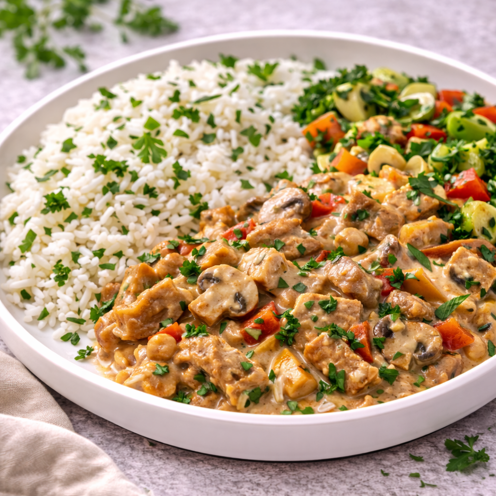 Strogonoff de Seitan, Cogumelos e Legumes com Arroz de Coentros