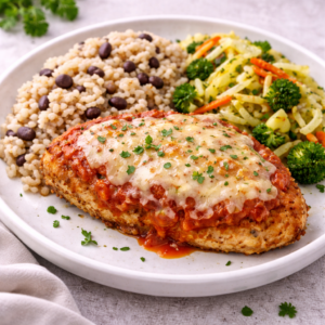 Peito de Frango à Parmegiana com Arroz de Feijão e Salteado de Couves e Cenoura