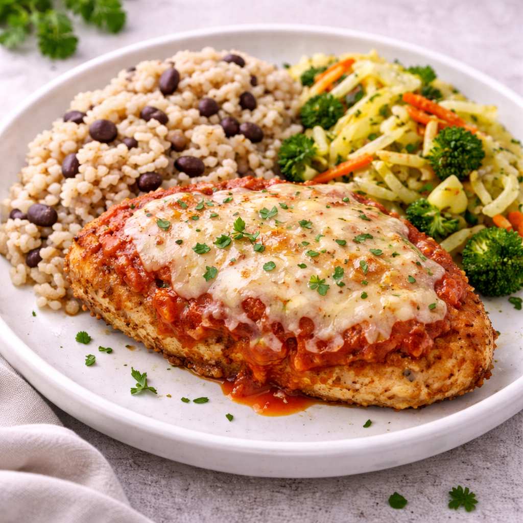 Peito de Frango à Parmegiana com Arroz de Feijão e Salteado de Couves e Cenoura