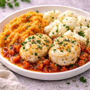Medalhões de Pescada ao Molho de Tomate e Cebola com Puré de Batata Doce e Couve-Flor