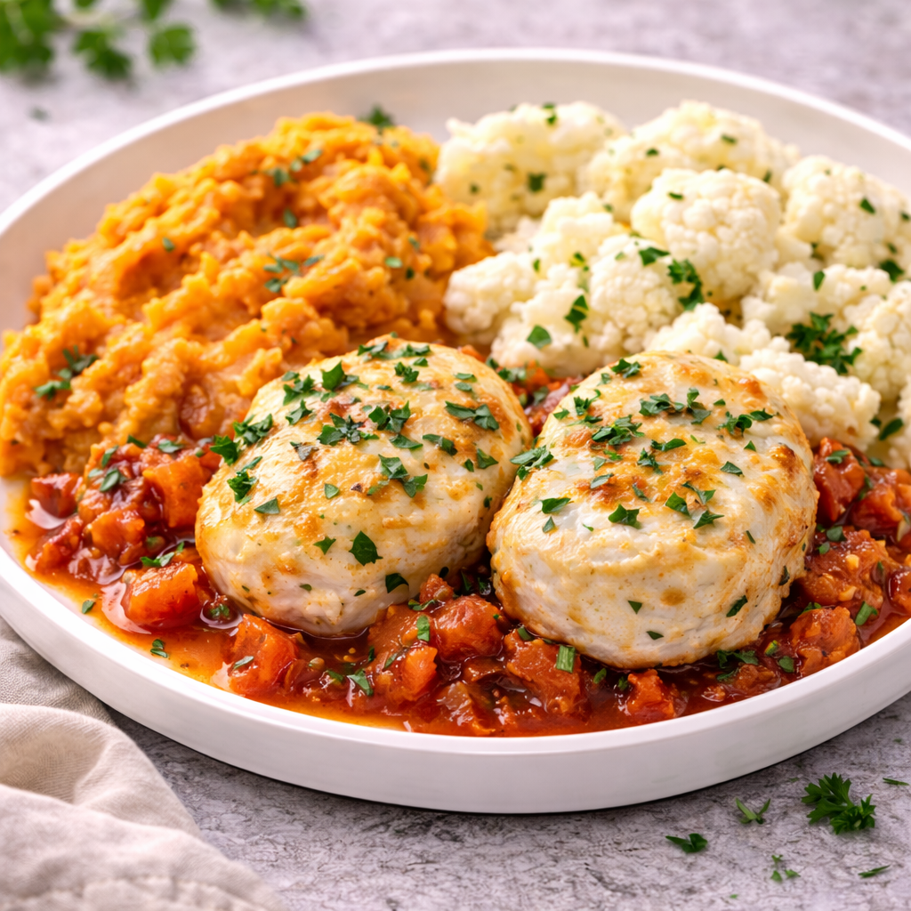 Medalhões de Pescada ao Molho de Tomate e Cebola com Puré de Batata Doce e Couve-Flor