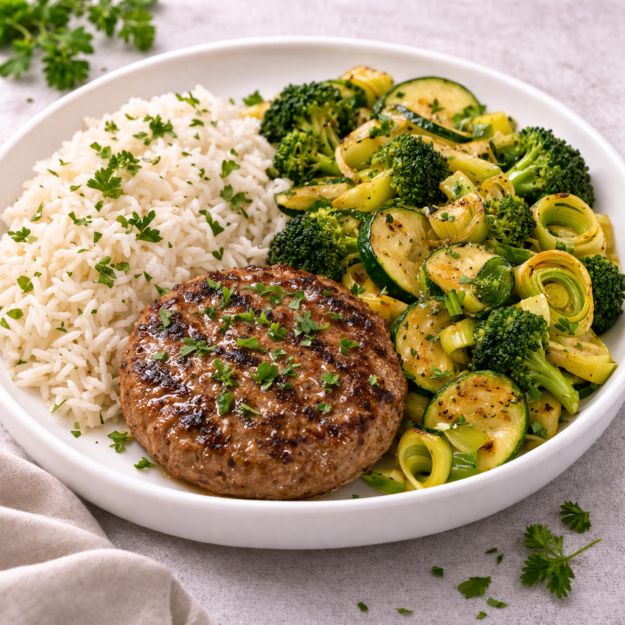 Hambúrguer de Vitela com Arroz Branco e Salteado de Alho-Francês, Brócolos e Courgete