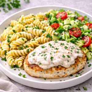 Hambúrguer de Pescada ao Molho Alfredo com Massa Fusilli e Salada Primavera