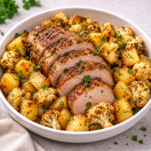 Lombo de Porco no Forno com Batata e Couve-Flor
