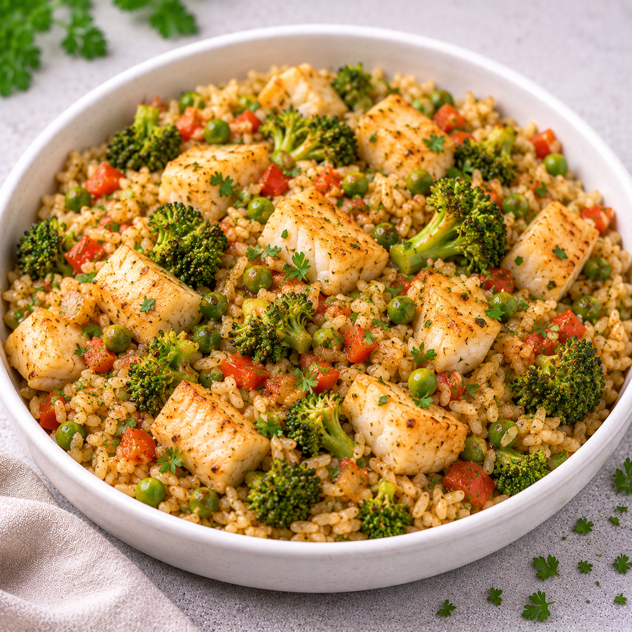 Arroz Integral de Peixe e Brócolos