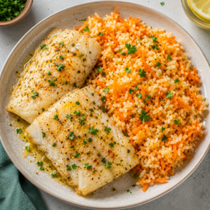Filetes de Pescada no Forno com Arroz de Cenoura