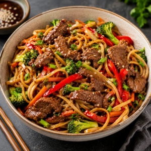Bife com Noodles e Legumes Orientais