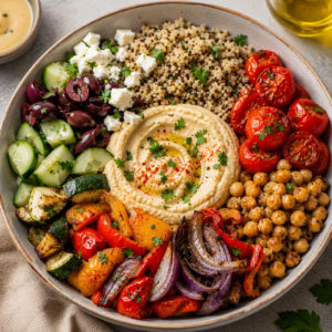 Bowl Mediterrâneo com Húmus, Quinoa e Legumes Assados