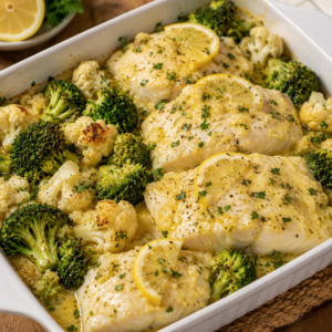 Pescada no Forno com Molho de Limão, Brócolos e Couve-Flor
