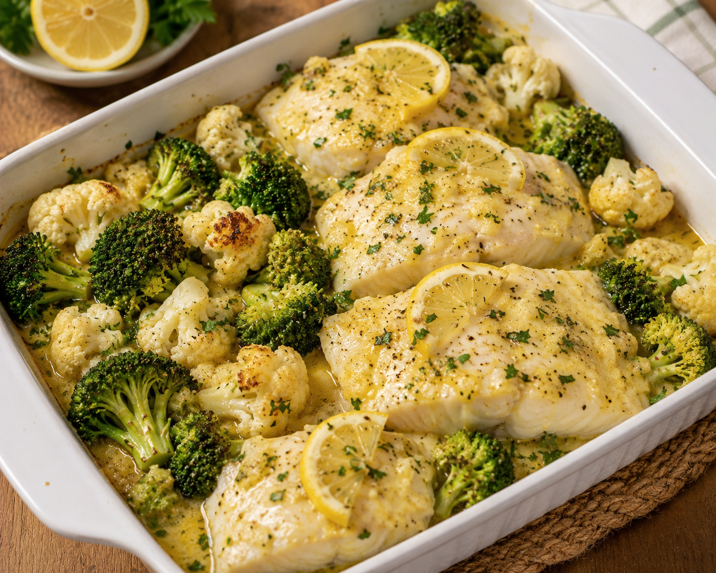 Pescada no Forno com Molho de Limão, Brócolos e Couve-Flor