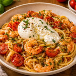 Massa de Camarão com Burrata e Tomate Cherry
