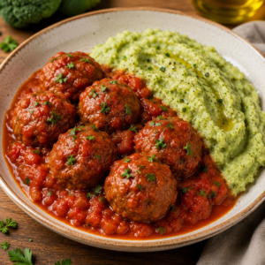 Almôndegas ao Molho de Tomate com Puré de Brócolos