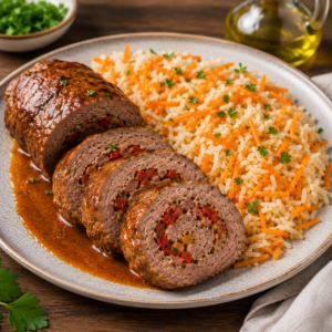 Rolo de Carne com Arroz de Cenoura