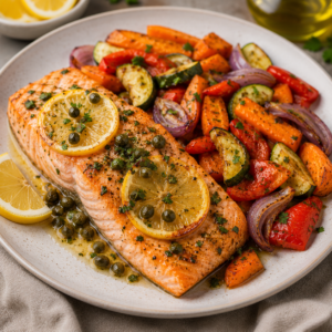 Salmão no Forno com Alcaparras e Limão com Legumes Assados