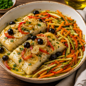 Pescada no Forno à Portuguesa com Juliana de Legumes