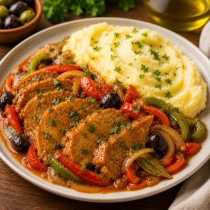 Seitan à Portuguesa com Puré de Batata